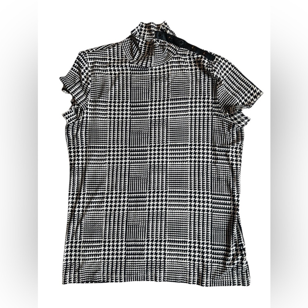 Lauren Ralph Lauren Houndstooth black white leather turtleneck short sleeve L